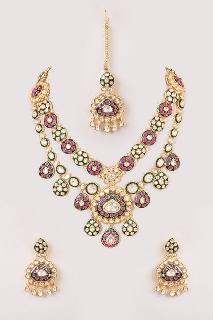 Two - Tone Finish Multi - Colored Stone Necklace Set - Auraa Trends - Necklace - # - Auraa Trends - Two - Tone Finish Multi - Colored Stone Necklace Set