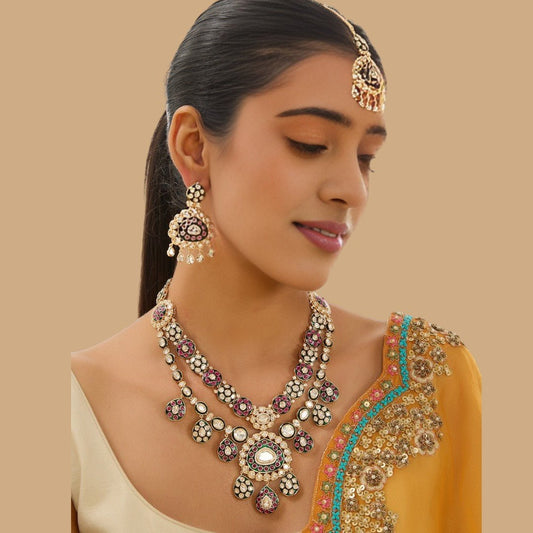 Two - Tone Finish Multi - Colored Stone Necklace Set - Auraa Trends - Necklace - # - Auraa Trends - Two - Tone Finish Multi - Colored Stone Necklace Set