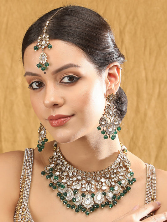 Two-Toned & White Gold-Plated Handcrafted Kundan Polki Beaded Necklace Set - Auraa Trends - Necklace Set -Fashion Jewellery
