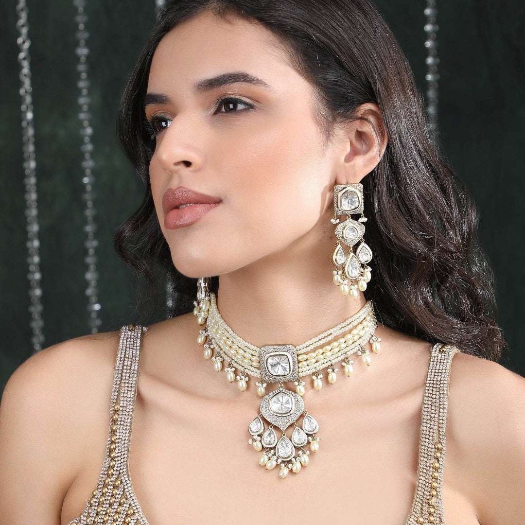 White Rhodium Zircon Choker Necklace Set with Multi-Strand Pearls