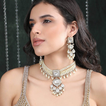 White Rhodium Zircon Choker Necklace Set with Multi-Strand Pearls