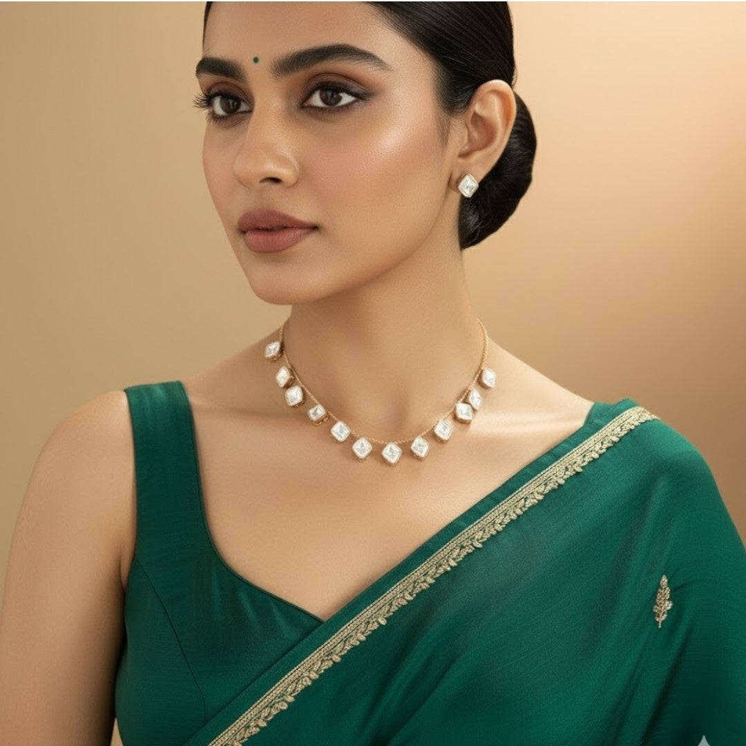 Minimalist Square Polki Necklace Set with Matching Stud Earrings