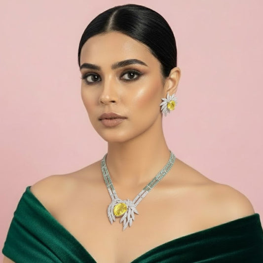 Luxury Yellow Stone Silver Plated Necklace Set with Earrings