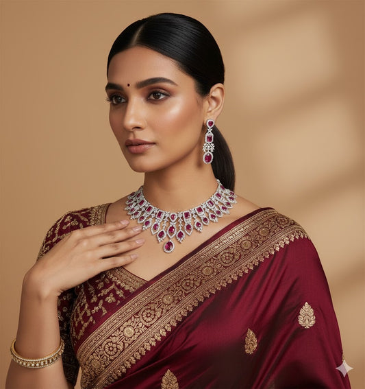 Luxury Silver-Plated Choker Necklace Set with Ruby Red Stones