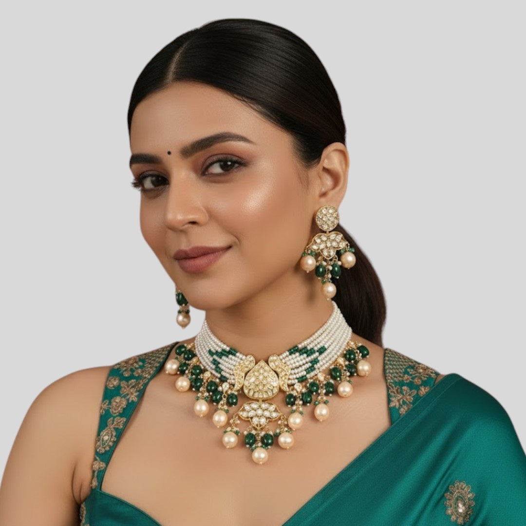 Royal Kundan Pearl Choker Necklace Set with Green Beads Drop Earrings