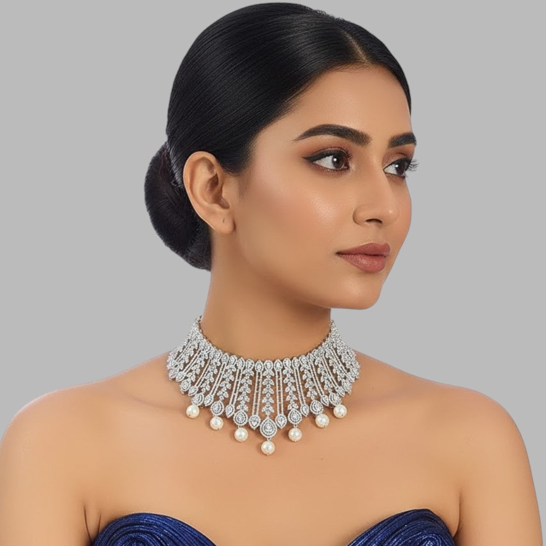 Elegant Silver-Plated Bridal Choker Necklace with Pearls & CZ Stones for Women - Auraa Trends