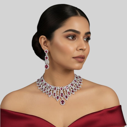 Luxury Silver-Plated Choker Necklace Set with Ruby Red Stones