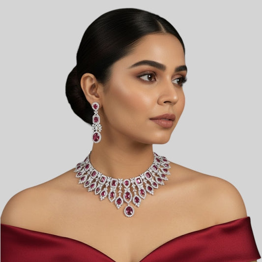 Luxury Silver-Plated Choker Necklace Set with Ruby Red Stones