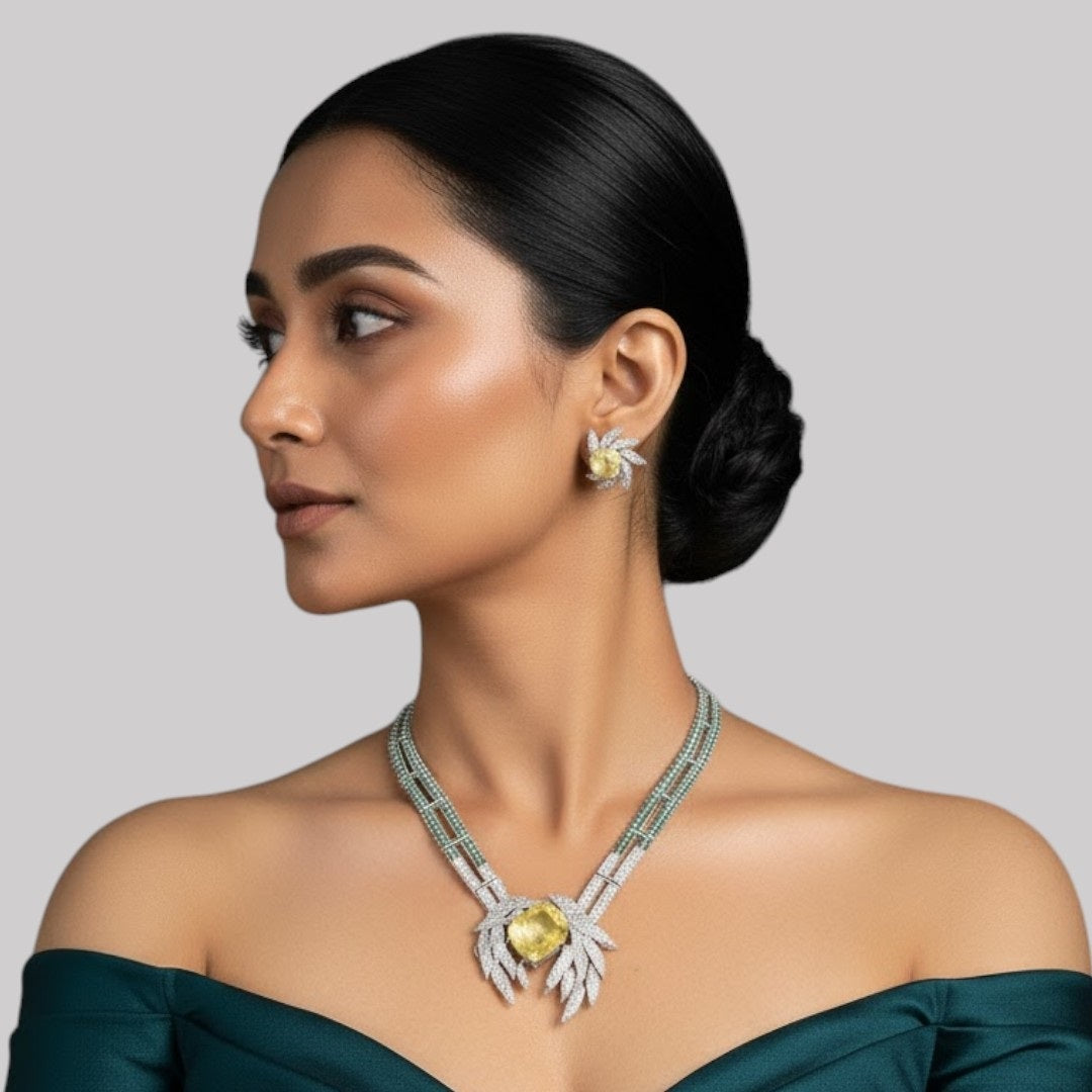 Luxury Yellow Stone Silver Plated Necklace Set with Earrings