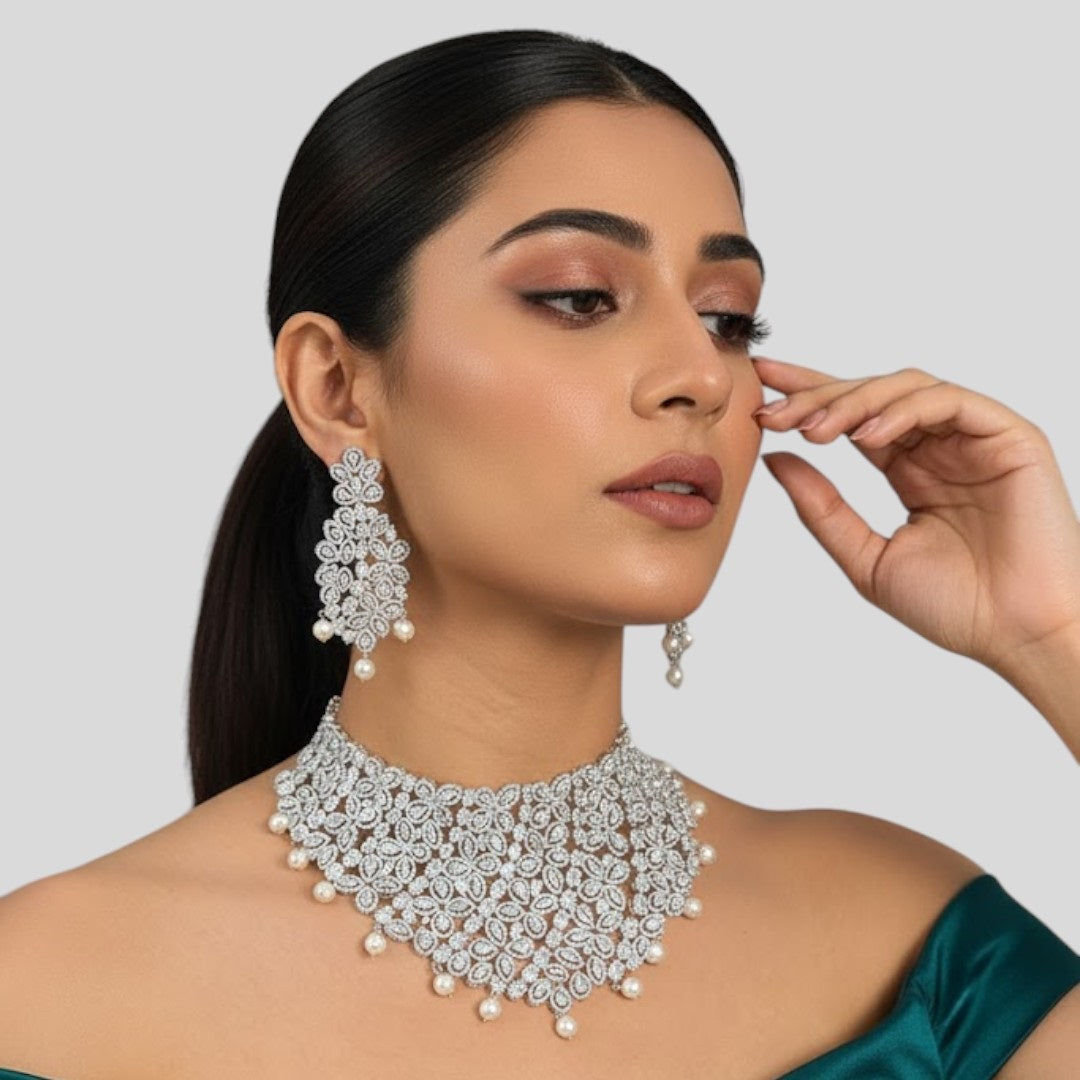 Elegant Diamond & Pearl Choker Necklace Set for Women - Auraa Trends