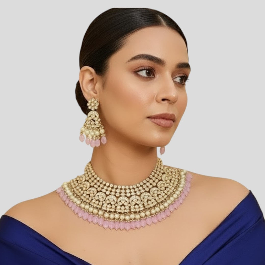 Kundan Pearl Bridal Necklace Set with Pink Beads & Maang Tikka