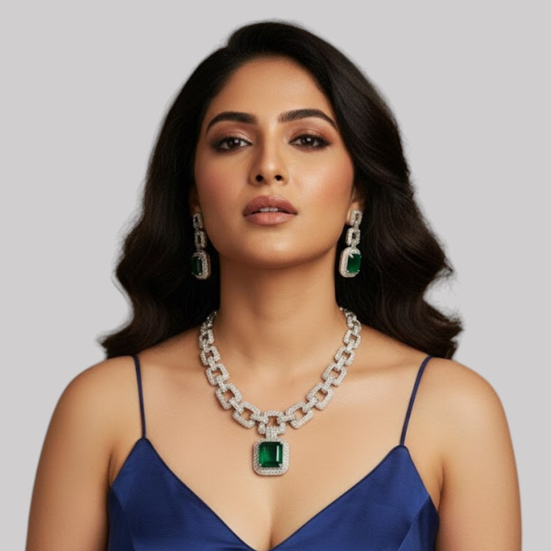 Luxury Emerald Green &amp; Diamond Link Chain Necklace and Earrings Set