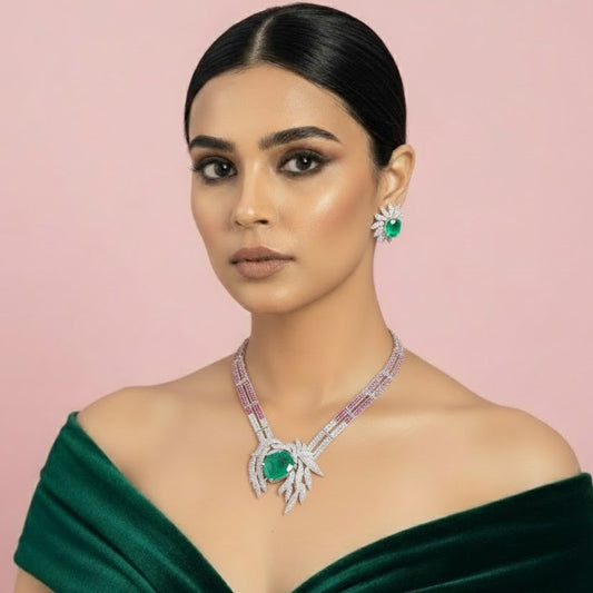 Luxury Emerald & Diamond Leaf Design Necklace and Earrings Set for Women
