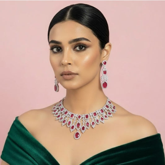 Luxury Silver-Plated Choker Necklace Set with Ruby Red Stones