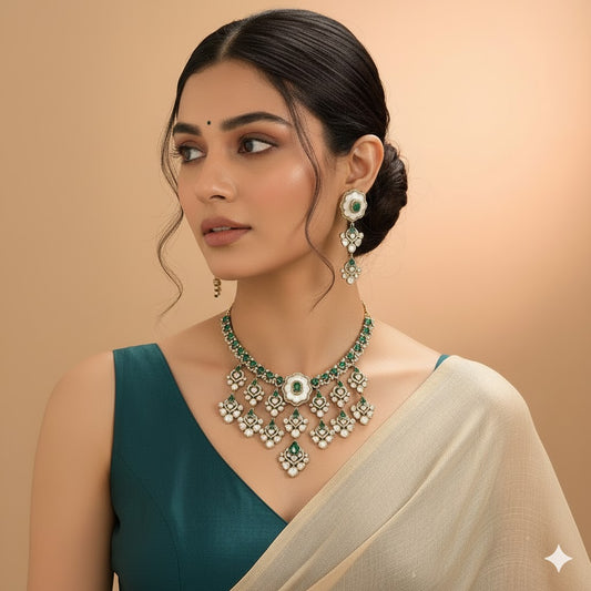 Floral Kundan  Emerald Green Bridal Necklace Set – Pearl Drop Detailing