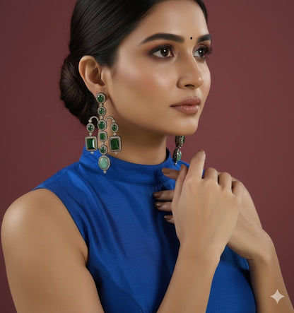 Vintage-Style Emerald Green Stone Statement Earrings with Diamond Accents