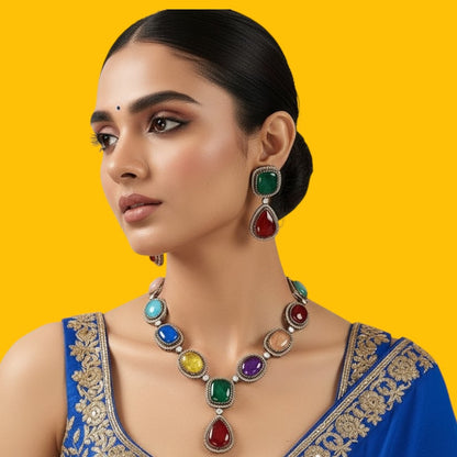 Luxury Multicolor Stone Statement Necklace Set with Earrings for Women