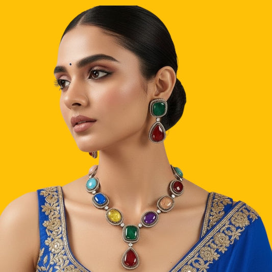 Luxury Multicolor Stone Statement Necklace Set with Earrings for Women