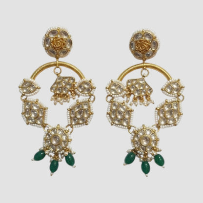 Gold-Plated Kundan Hoop Earrings with Green Beads for Women
