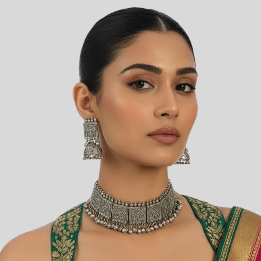 Oxidised Silver-Plated Temple Design Choker Necklace Set with Earrings for Women