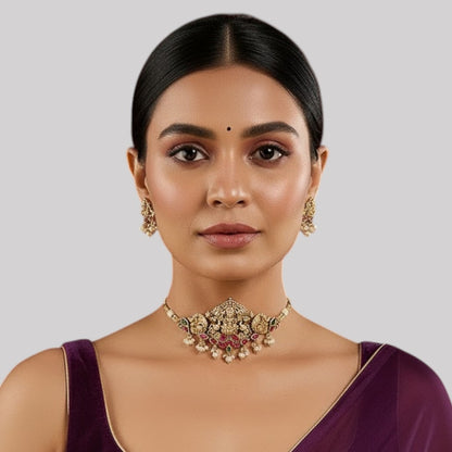 Goddess Lakshmi Antique Temple Choker Necklace Set Ruby Pearl Drops