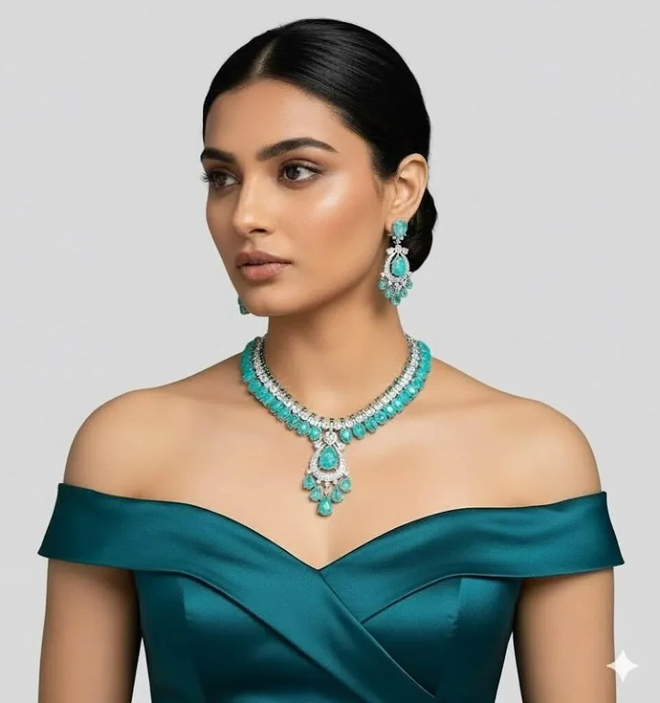 Elegant Silver-Toned Green Stone Necklace Set with Matching Earrings for Women - Auraa Trends