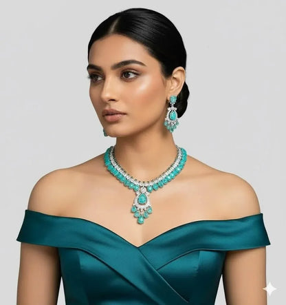 Elegant Silver-Toned Green Stone Necklace Set with Matching Earrings for Women - Auraa Trends
