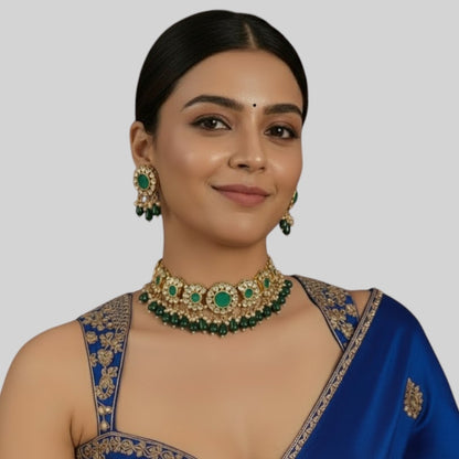 Beautiful Green Kundan Choker Necklace Set with Earrings –Traditional Bridal Jewelry