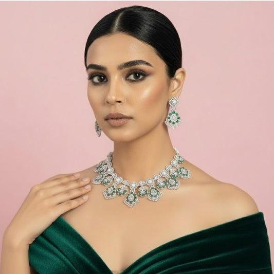 Silver & Green CZ Stone-Plated Designer Necklace Set for Women