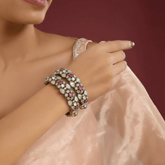 Gold-Plated Kundan & Pink Stone Embellished Traditional Bangles for Women