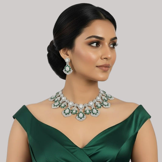 Silver & Green CZ Stone-Plated Designer Necklace Set for Women