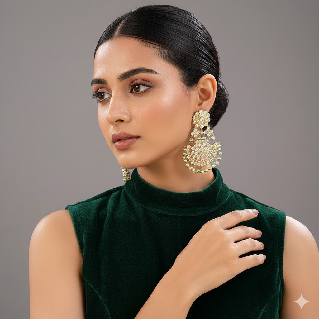 Gold-plated Kundan dome jhumka earrings with green bead Chandbaali - perfect ethnic party jewelry