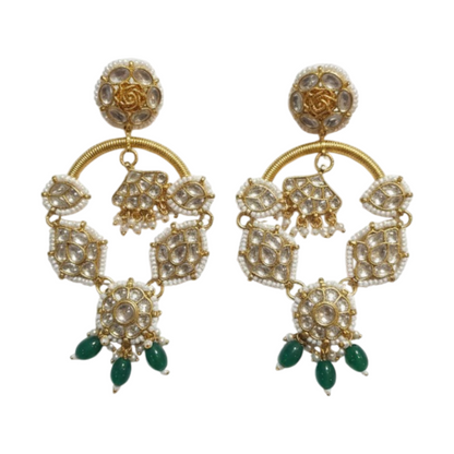 Gold-Plated Kundan Hoop Earrings with Green Beads for Women