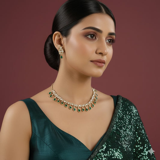 Classic Green Stone Kundan Necklace Set with Earrings