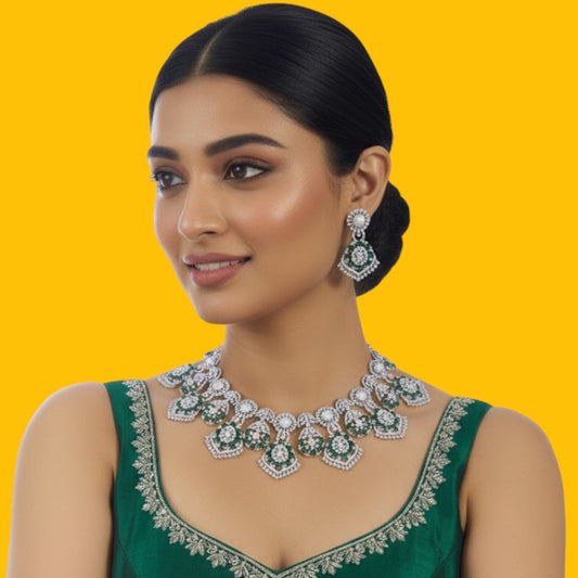 Silver & Green CZ Stone-Plated Designer Necklace Set for Women