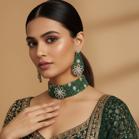 Green Kundan & CZ Stone Floral Choker Necklace Set for Women