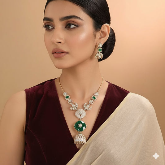 Regal Temple-Inspired Long Pendant Necklace Set with Green Accents and Bell Charm – Bridal Jewelry Set