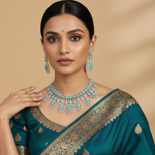 Luxury Silver-Plated Choker Necklace Set with Mint Green Stones