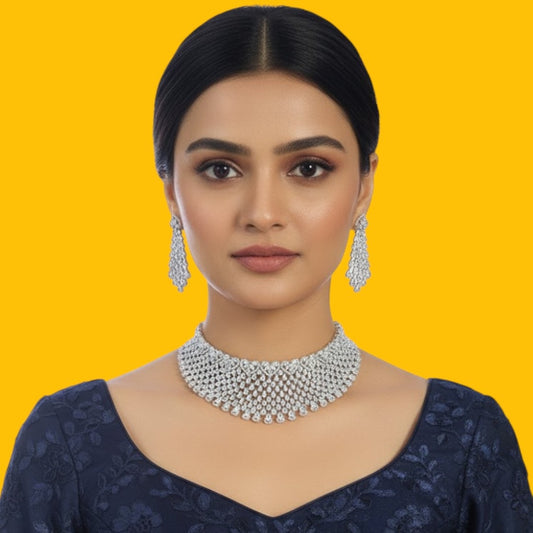 Elegant Diamond Look Silver Choker Necklace Set with Earrings