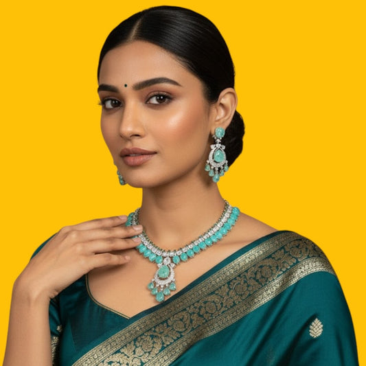 Elegant Silver-Toned Green Stone Necklace Set with Matching Earrings for Women