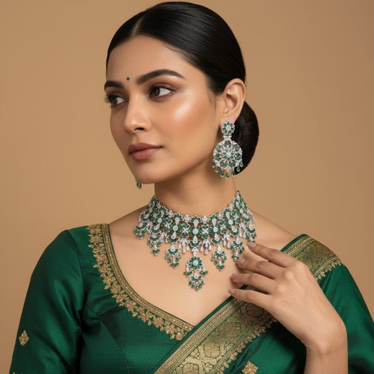 Luxury Emerald Green Silver Plated Choker Necklace Set with Earrings