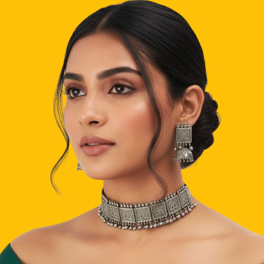 Oxidised Silver-Plated Temple Design Choker Necklace Set with Earrings for Women