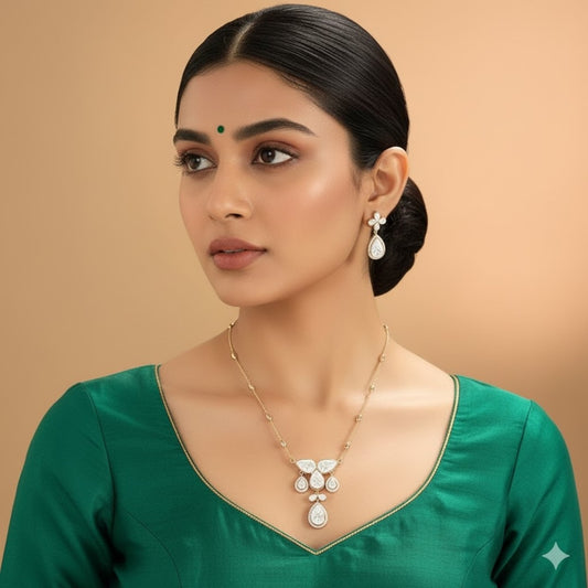 Sophisticated Polki Crystal Drop Necklace Set with Flower Stud Earrings