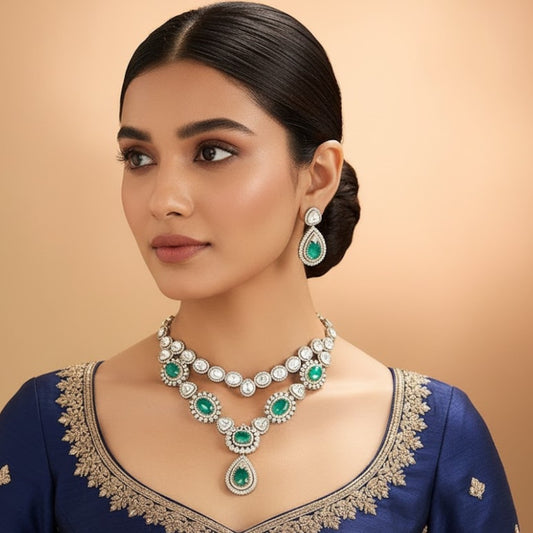 Regal Emerald and Polki Crystal Necklace Set with Coordinate Earrings
