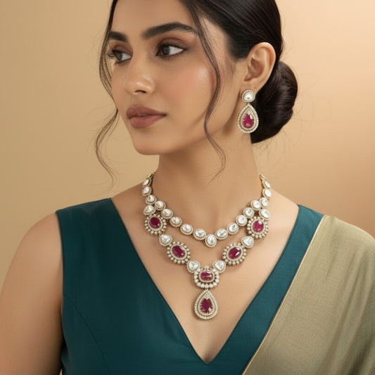 Regal Ruby Kundan Necklace Set – Dual-Layer Necklace with Earrings