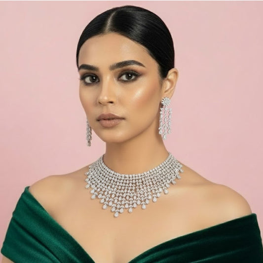 Luxury Silver Plated Diamond Choker Necklace Set with Earrings