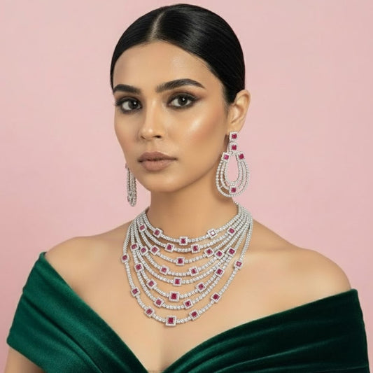 Luxury Ruby & Diamond Choker Necklace Set with Earrings for Women