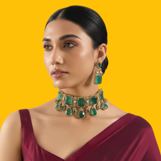 Regal Emerald Drop Choker Necklace Set with Matching Earrings