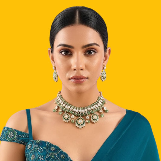 Royal Emerald Drop Kundan Choker Set with Pearl Detailing