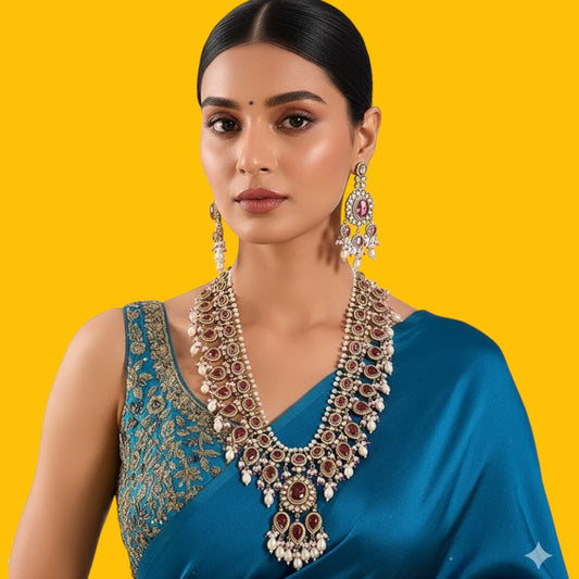 Royal Ruby Red Kundan Necklace Set with Pearl Fringe Detailing